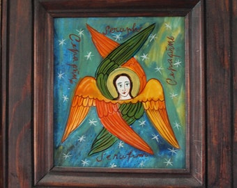 Seraph, Romanian Folk reverse icon glass, handmade painted on order