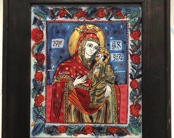 Mother of God with Child Jesus Romanian folk, handmade painted in reverse on the glass. Available