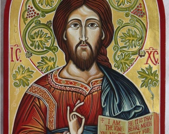 Jesus Christ with the vine.  Byzantine, Romanian, Orthodox icon handmade painted, on order