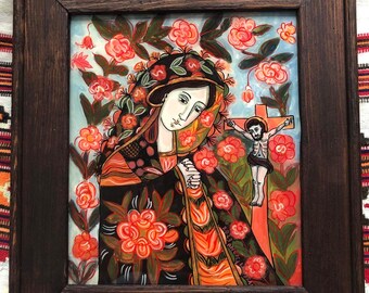 Sad Mother of God no.1 Romanian  handmade painted on reverse glass. Available.