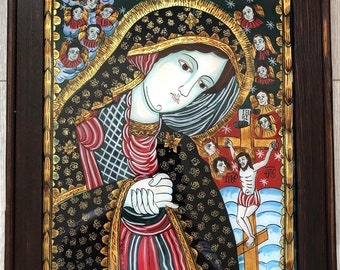 Sad Mother of God, Romanian handmade painted icon in reverse on the glass. On order.