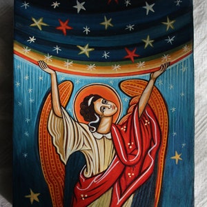 Angel supporting  heaven. Byzantine, romanian icon handmade painted on order
