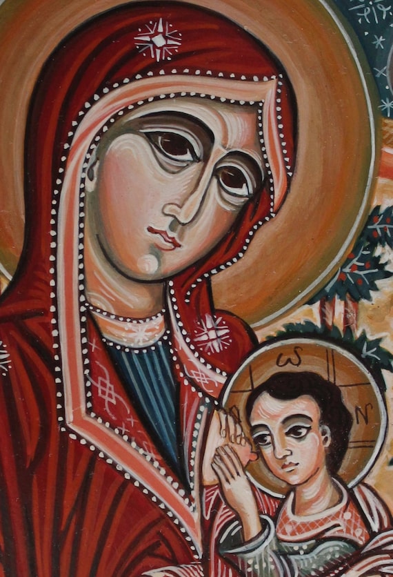 ビザンチン様式の聖母マリアのイコン：イエスの授乳、手作りのテンペラ