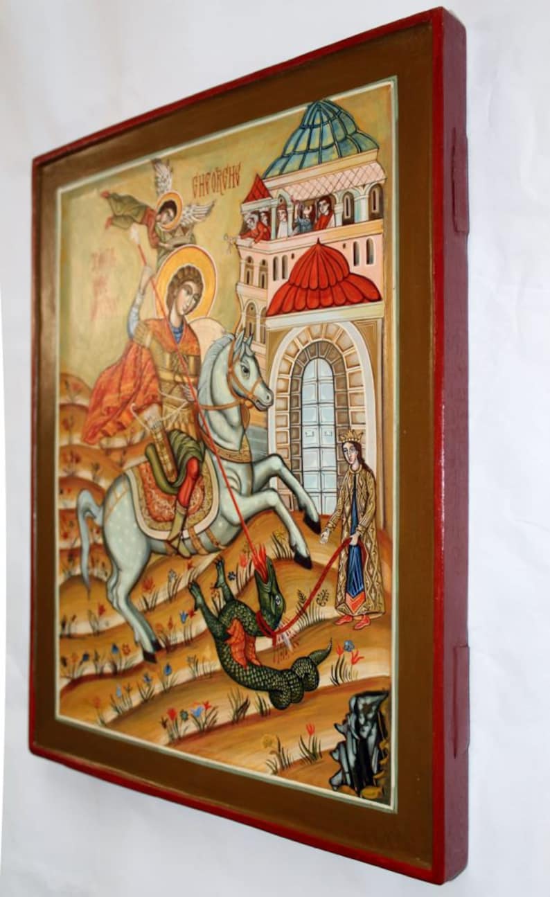 Icona Bizantina Di San Giorgio In Legno - Arte Religiosa Greco-Ortodossa Da Appendere, Decorazione Parete