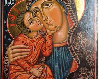 Mother of God with The Child Jesus icon. Romanian Byzantine Eleousa icon handmade painted on order.