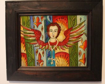 Angel. Romanian reverse icon  glass handmade painted.  Romanian folk icon. Only on order.