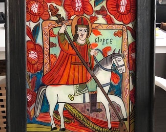 Saint George Romanian folk icon, handmade painted in reverse on the glass. Available