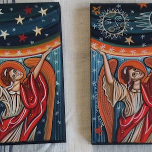 2 Angels supporting The Heaven. Byzantine icon handmade painted on order