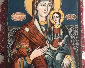 Mother of God with The Child Jesus. Byzantine, Romanian handmade painted icon. Available