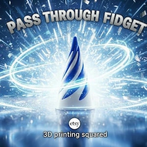 May include: A 3D-printed fidget toy with a blue and white spiral design, set against a dynamic blue background with the text "PASS THROUGH FIDGET". The Etsy logo and "3D printing squared" are also visible.