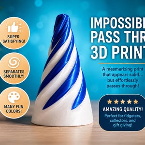 May include: A 3D-printed cone-shaped object with a white base and blue spiral design. The image includes text that reads "Impossible Pass Thru 3D Print!" and "Amazing Quality!" with additional text about the product.