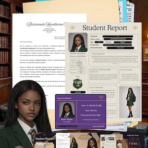 Puede incluir: Un informe estudiantil y una tarjeta de identificación con una joven con una blazer verde. El informe incluye detalles como nombre, identificación del estudiante y grado. La tarjeta de identificación es morada con la foto del estudiante e información escolar.