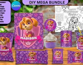 Kit di bomboniere per feste di compleanno a tema cucciolo rosa, modelli Canva modificabili (download digitale)