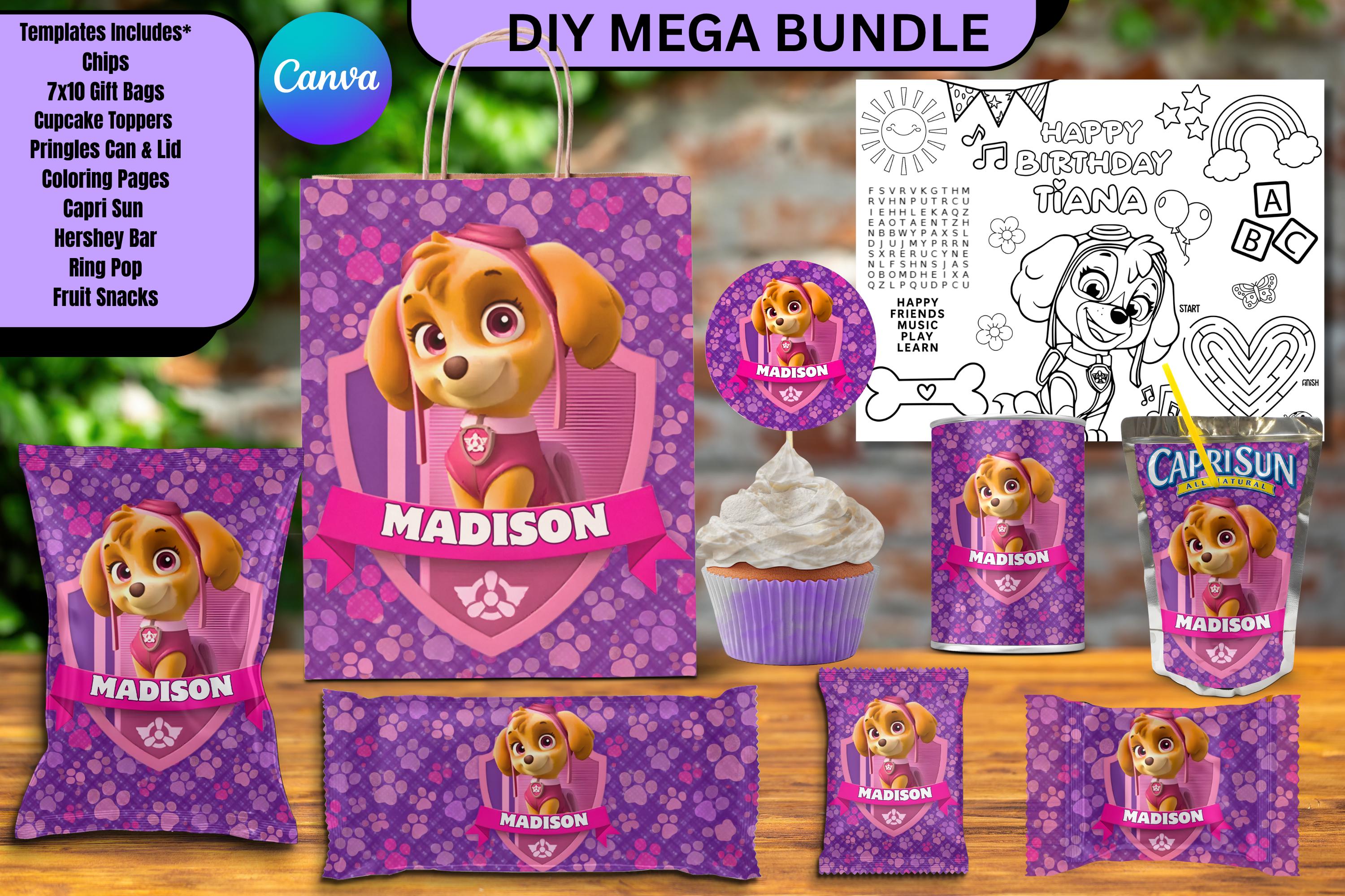 Pink Puppy Birthday Party Favor Bundle, Editable Canva Templates ...