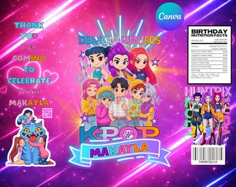 Decorazioni per feste a tema K Pop Demon Hunter Chip Bag / Compleanno rosa per ragazze (Download digitale)