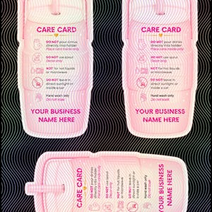 K&ouml;nnte beinhalten: Rosa Pflegekarten mit einem stroh&auml;hnlichen Design, mit Anweisungen und Warnhinweisen. Die Karten enthalten Texte wie "CARE CARD", "DO NOT pour drinks directly into holder" und "YOUR BUSINESS NAME HERE". Der Hintergrund ist ein schwarz-wei&szlig;es Wellenmuster.