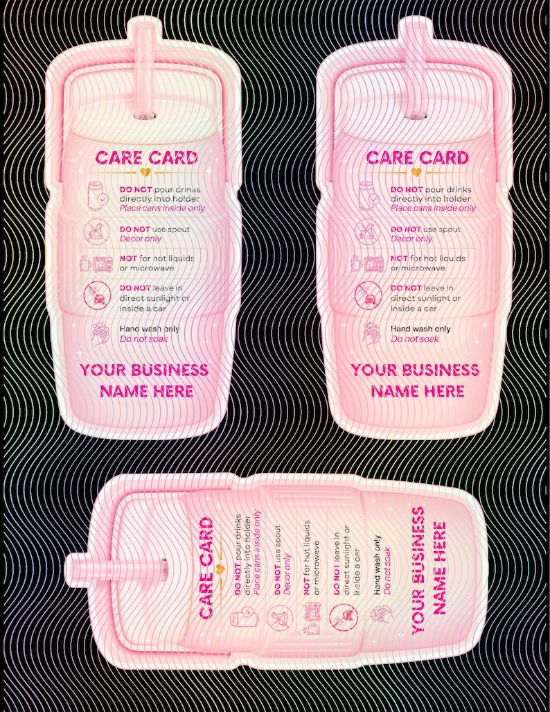 K&ouml;nnte beinhalten: Rosa Pflegekarten mit einem stroh&auml;hnlichen Design, mit Anweisungen und Warnhinweisen. Die Karten enthalten Texte wie "CARE CARD", "DO NOT pour drinks directly into holder" und "YOUR BUSINESS NAME HERE". Der Hintergrund ist ein schwarz-wei&szlig;es Wellenmuster.