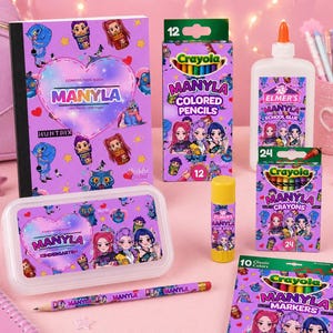 May include: A collection of school supplies featuring purple branding with the name Manyla, including a composition book, a box of 12 Crayola colored pencils, a bottle of Elmer's school glue, a glue stick, 24 Crayola crayons, and a pack of 10 markers.