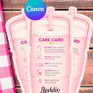 May include: Pink can cooler care cards with care instructions. The cards are shaped like a pink drink container with a straw. Text includes "Can Cooler Care Cards", "Care Card", and "Baddie Coded".