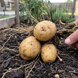 May include: Three freshly harvested potatoes with dirt clinging to their light brown skins. The potatoes are surrounded by soil and fine roots, suggesting they were recently pulled from the ground. The image captures a close-up view of the potatoes in a garden setting.