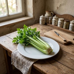May include: A fresh bunch of celery with vibrant green leaves rests on a white plate. The plate sits on a rustic wooden table, alongside a cutting board and a small knife. The scene evokes a sense of home cooking and fresh produce.