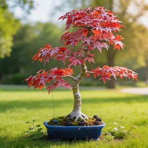May include: A vibrant red Japanese maple bonsai tree in a blue ceramic pot. The tree has delicate branches and bright red leaves. The bonsai is set against a backdrop of green grass and a blurred background.