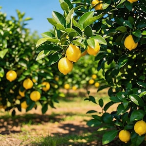 May include: A sunny image of a lemon grove with bright yellow lemons hanging from green leafy branches. The lemons are ripe and ready for harvest, with a clear blue sky in the background. The grove is lush and vibrant.