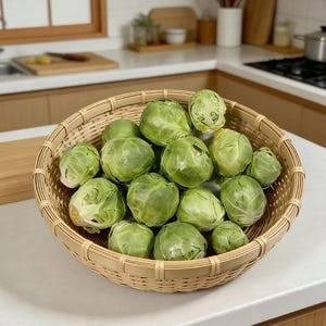 May include: A woven basket filled with fresh, green Brussels sprouts. The basket is made of light brown wicker and sits on a white countertop. The sprouts are various sizes and shapes, with visible leaves.