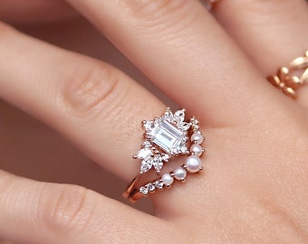 GIA zertifiziert 1 Carat Center 1.6 Ctw Diamant und Perle Brautringe Set für Hochzeit & Verlobung, echter Diamant, Brautring Set, Sparkle