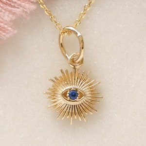 Blue Topaz Evil Eye Sun Star Pendant Necklace, 14K Solid Gold Gemstone Charm