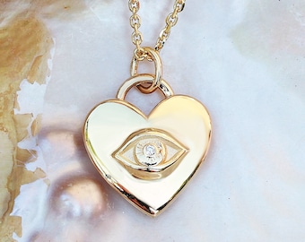 All Seeing Eye Heart Pendant Necklace, 14K Solid Gold Illuminati Necklace, Heart Charm Necklace, Evil Eye Pendant, Unique Valentines Gift