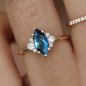 Unique London Blue Topaz Marquise and Side Diamonds Engagement Ring, Unique Promise Ring, Blue Marquise Wedding Ring, Isabella