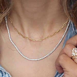 Diamond Tennis Necklace Collier, 14K Gold, Round Diamonds Floating Necklace, Gift for Her, Bridal Jewelry, Minimalist