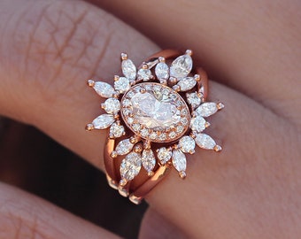 Oval Moissanite Unique Engagement Three Rings Set, Athena & Two Crowns, Moissanite Bridal Rings Set, Cluster Wedding Rings Set Trio
