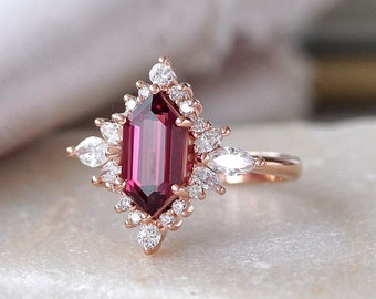 Rhodolite Garnet Elongated Hexagon and Diamonds Halo, January Birthstone, Modern Royal Gemstone Engagement Ring. Nora