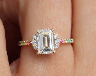 2ct Emerald cut Lab Diamond Unique Engagement Ring, Rainbow gemstone band, Cute, Unique proposal, Alternative Ring for Her Parvati