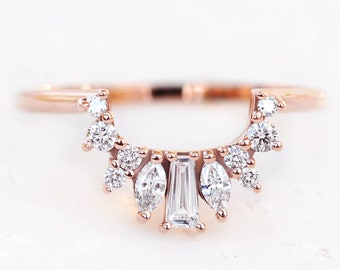 Diamond Nesting wedding band, diamond side band, vintage curved wedding ring , 14K, 18K gold wedding band, tapered and marquise diamonds
