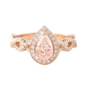 14k Gold Pink Pear Diamond Engagement Ring, Halo Infinity Band, Promise Ring, Her Gift