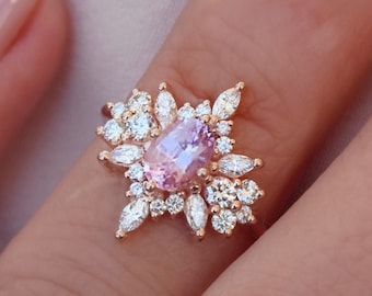 Unique Pink Sapphire & Diamonds Gold Engagement Ring , Blushed Pink Oval Sapphire Ring, Art Deco, Pink Gemstone Anniversary Ring, Phoenix