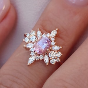 Unique Pink Sapphire & Diamonds Gold Engagement Ring , Blushed Pink Oval Sapphire Ring, Art Deco, Pink Gemstone Anniversary Ring, Phoenix