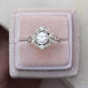 Moissanite Engagement Ring, Floral Vine, Victorian Art Nouveau, 14k Gold, Bezel Set, Wedding, Nature Inspired Gift - Lily Emma