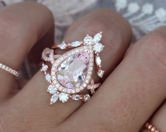 Pear Morganite Engagement Ring and "Iceland" Diamond Ring Guard Enhancer, Big Pink Morganite Victorian Wedding Rings Set - "Elise"