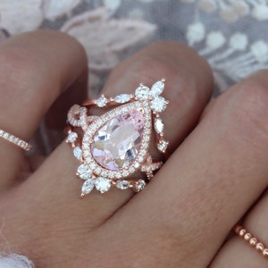 Pear Morganite Engagement Ring and "Iceland" Diamond Ring Guard Enhancer, Big Pink Morganite Victorian Wedding Rings Set - "Elise"