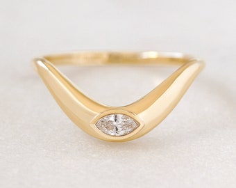 Marquise Diamond Bezel Set, Chunky Gold Curve Statement Wedding Ring, 14K / 18K Solid Gold, Modern, Art Deco, Sideband Mila