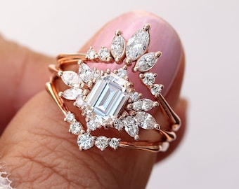 Emerald Cut Lab Grown Nature Engagement Wedding Three Ring Set, Vintage Cluster, Unique Ring, Bridal Rose Gold  Spark V5 Danielle