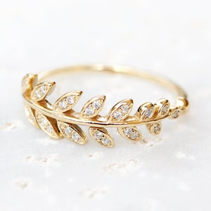 Diamond Leaves Band, Gold Leaves Ring, Gold Olive Branch Ring, Open Wrap Ring, Natural Diamonds Ring, Pave Diamond Ring, Gold Twig Ring