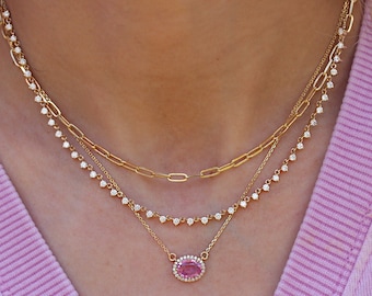 Diamond Tennis Necklace Necklace, 14K Gold Tennis Necklace, Round Diamonds Floating Necklace, Gift for Her