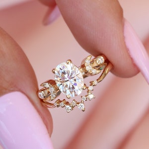 Oval Moissanite Celestial Engagement Ring Set, Moon and stars diamond Wedding Ring, Indie Bride, Spiritual Bride, alternative engagement