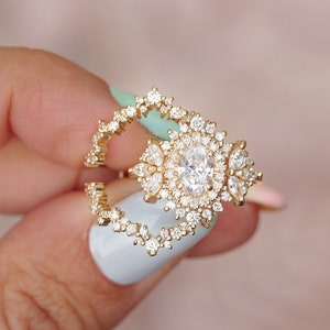 Anillo de compromiso con diamante ovalado de 1,45 ct con doble halo y protector de anillo, diamante natural con certificación GIA, conjunto de anillo de compromiso Art Déco - "Mónaco"