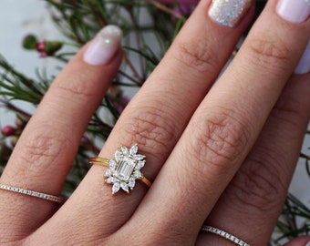 Emerald Moissanite with Marquise Diamonds Halo Unique Engagement Ring, Cluster Modern Dainty Wedding Ring, 18K / 14K Gold Ring, Charlotte